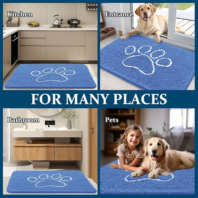 OLANLY Dog Door Mat for Muddy Paws 36x24, Paw Print Design, Absorbs Moisture and Dirt, Absorbent Non-Slip Washable Doormat, Quick Dry Chenille Mud Mat, Entry Indoor Entryway Carpet, Cornflower Blue
