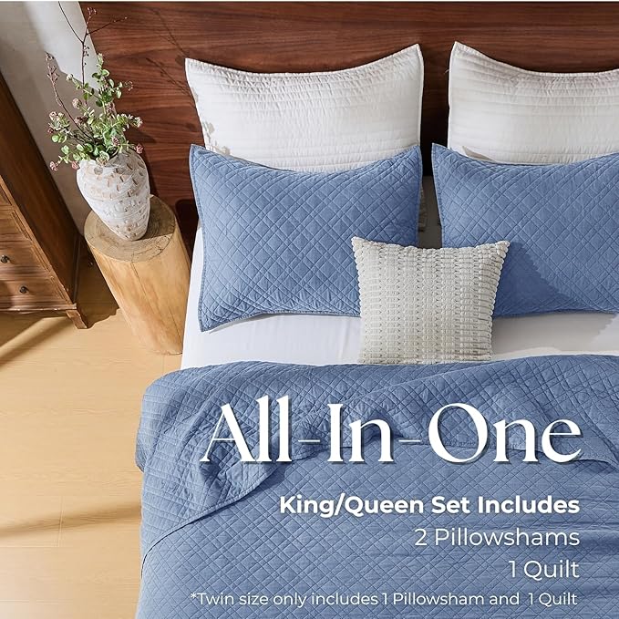 DOWN HOME Queen Quilt Set with Shams Lightweight Quilted Bedspread Coverlet Thin Comforter Bed Cover Vintage Washed Quilted Blanket for All Season, Brushed Microfiber Diamond Stitching, Blue, 88"x92"