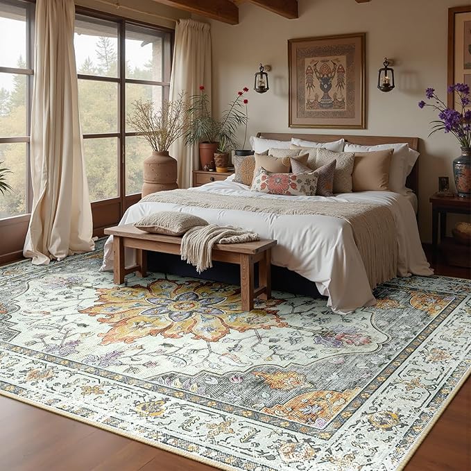 Area Rugs 6'x8' Washable Non-Slip, Floral Vintage Distress Print Pattern Medallion Carpet for Living Room Bedroom Dining Room, Light Yellow Carbon Grey Orange