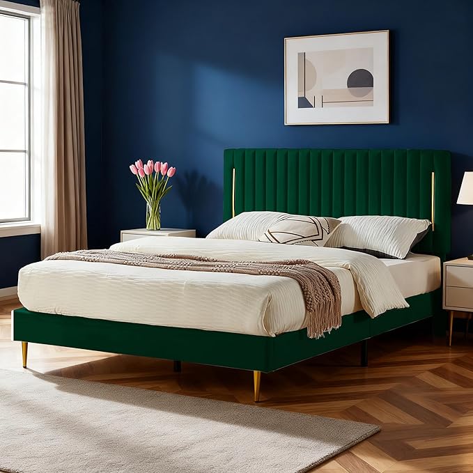 Full Platform Bed Frame, Velvet Upholstered Bedframe with Vertical Channel Adjustable Headboard, Golden Plating Trim, Mattress Foundation with Wooden Slats, No Box Spring Needed, Green