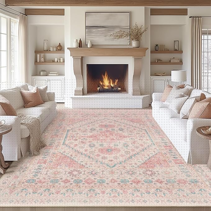 zesthome 10x14 Area Rugs - Large Pink Rugs for Bedroom Girls, Stain Resistant Washable Rugs, Vintage Low Pile Rug, Nursery Room Rug, Pink Room Decor (Pink/Blue,10'x14')