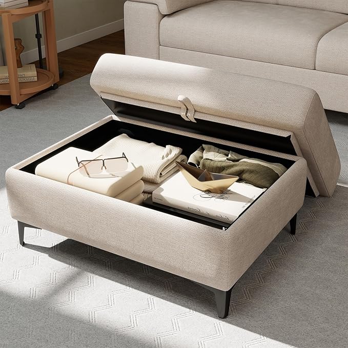 35" Large Storage Ottoman for Living Room, 7.8" Deep Seat Rectangular Ottoman Foot Rest for Couch, Chenille Storage Footstool Load 350 lb (Beige)