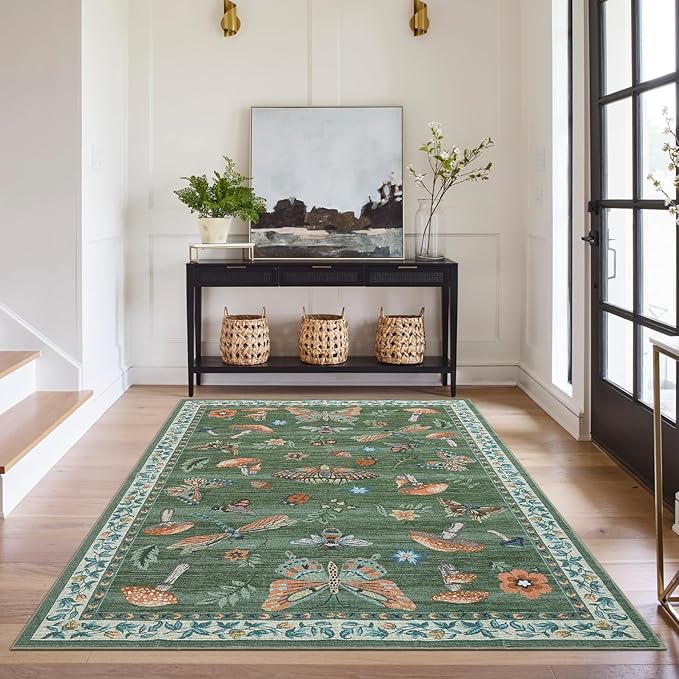 Mushroom Washable Rug 5x7 Area Rugs for Living Room, Insect Print for Bedroom, Non Slip Throw Rugs with Rubber Back, Soft Low Pile Dining Room Carpet for Under Table, Green