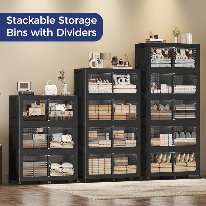 120GAL Extra Large Storage Bins with Lid, 480Qt Stackable Closet Organizers and Drawers, Collapsible Storage Bins with Wheels, Folding Containers for Home, Kitchen Office, 3Pack Black