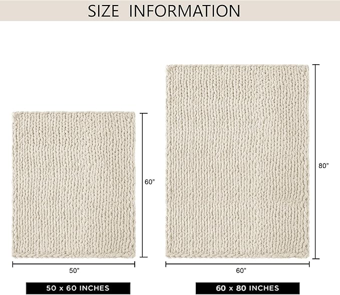 Chunky Knit Throw Blanket 50"X 60", 100% Handmade with Soft Chenille Yarn, 4.4lbs Thick Cable Knitted Blankets, Large Rope Knot Crochet Throws for Couch Sofa Bed Home Decor, Beige