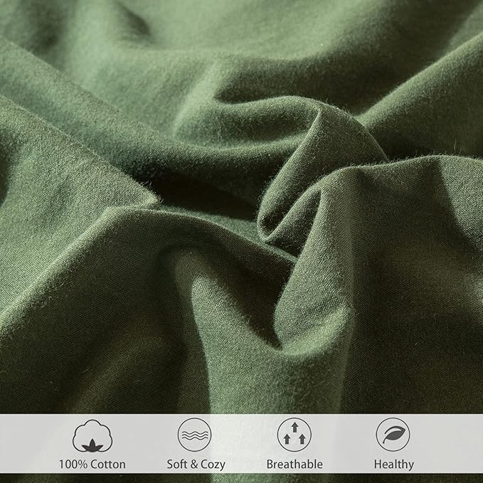 MooMee Fitted Bottom Sheet Only 100% Washed Cotton Linen Like Textured Breathable Durable Soft Comfy Deep Pocket Fits Mattress up to 17" (Olive Green, Twin)