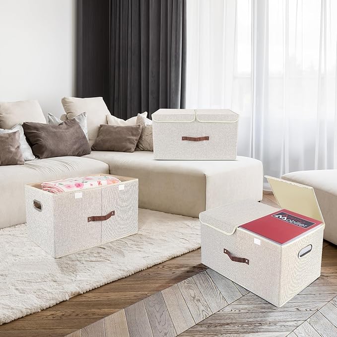 TYEERS Extra Large Collapsible Storage Bins with Lids and Compartments, Washable, Fabric Storage Boxes, 21.7x13x11.8 inches, 3 Pack, Beige