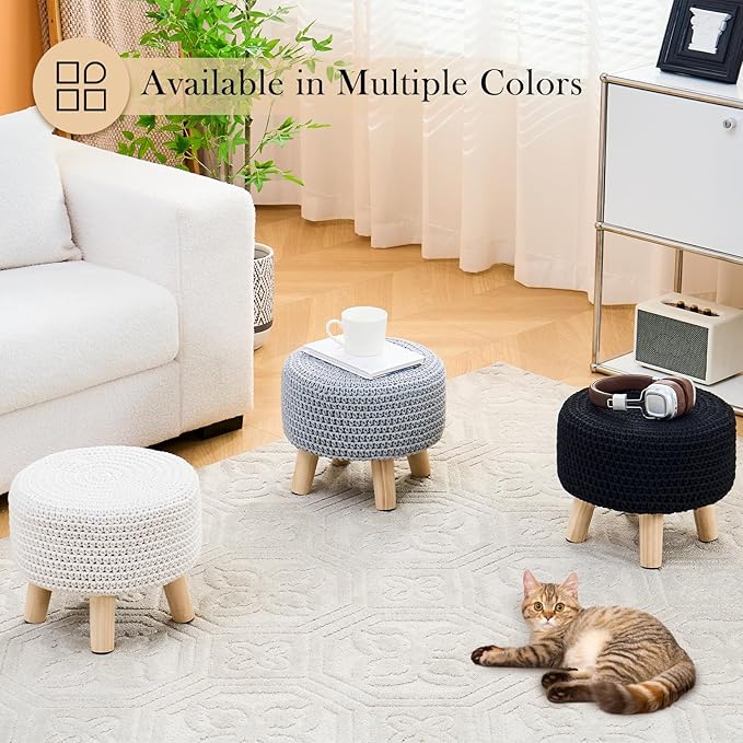 LGENHOOM Boho Ottoman Foot Stool Cotton Knitted Round Pouf Ottoman Foot Rest Stool with Non-Skid Wooden Legs Step Stool Padded Seat for Living Room White