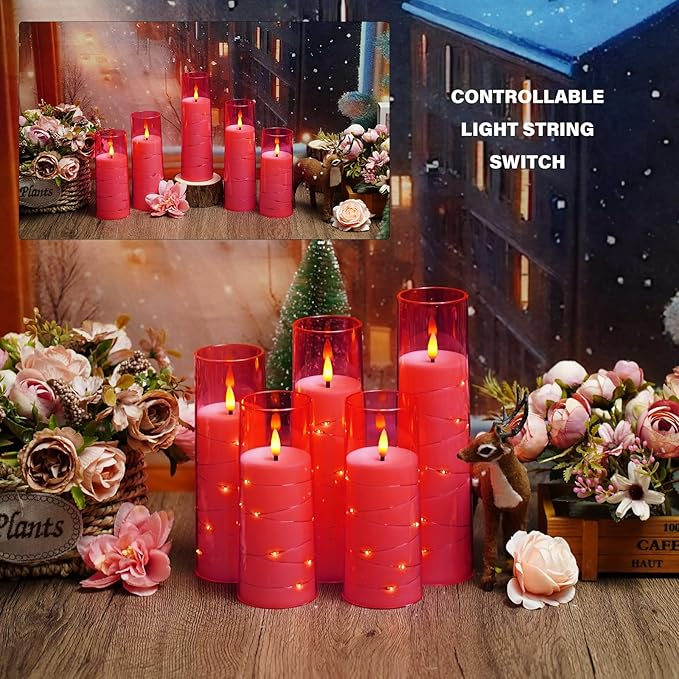 Flameless LED Candles with Timer 5 Pc Flickering Flameless Candles for Romantic Ambiance and Home Decoration Stable Acrylic Shell,with Embedded Star String,Battery Operated Candles(Pink)