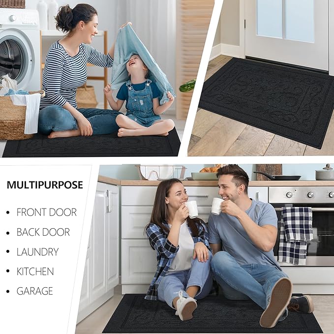 FONEYI Indoor Door Mat, Front Back Door Mat 24" x 36" Non-Slip Rubber Backing Door Rug, Machine Washable Entry Rug, Low Profile Absorbent Dirt Trapper Doormat Inside Floor Mats for Entryway, Black