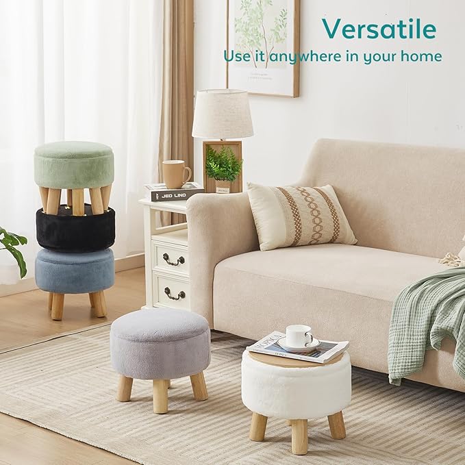 FIMIVIBI Small Foot Stool Ottoman with Storage, Soft Faux Fur Ottoman Foot Rest for Couch, Round Footstool with Storage, Small Ottomans and Footstools for Living Room and Entryway (White)