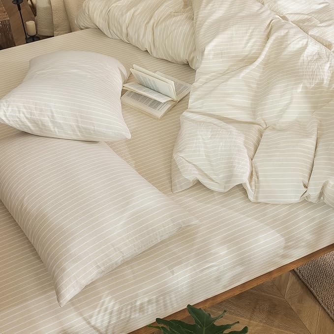 MooMee Striped Duvet Cover Set 100% Washed Cotton Linen Like Textured Breathable Durable Soft Comfy (Almond Milk Grey White Wide Stripes, Cal King 104"x98")