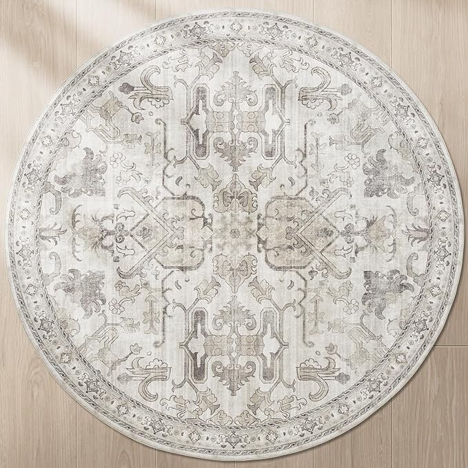 jinchan Round Rug 8ft Area Rug Vintage Floor Mat Kitchen Indoor Ultra-Thin Soft Floral Print Washable Circle 8' Accent for Farmhouse Non Slip Dining Room Living Room Bedroom Office Taupe