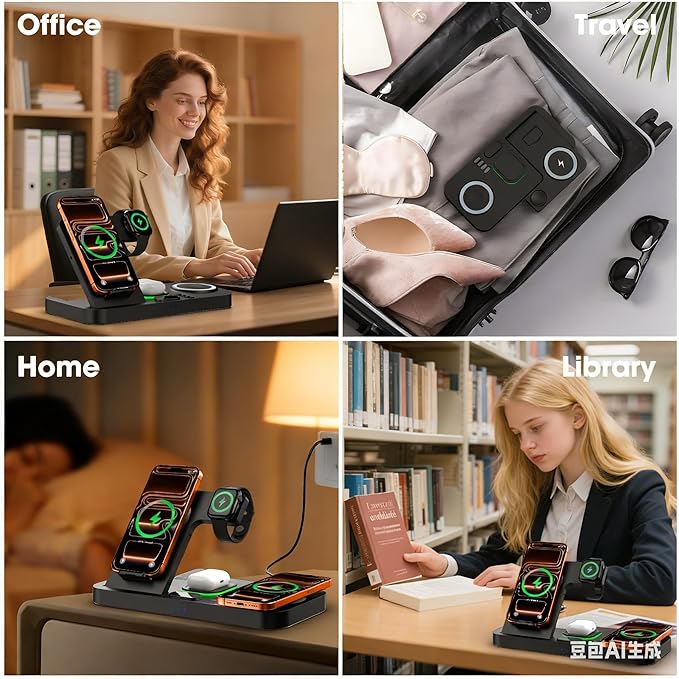 Dual Phone Magnetic Wireless Charging Station for Apple Devices/Apple Ecosystem,with Auto-Switch 7-Color Light & Clock, Compatible with iPhone 17/16/15, for iWatch 11/10/9 & AirPods Pro3(Black