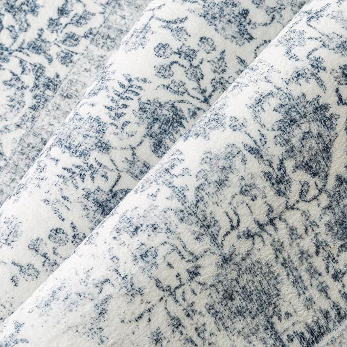 Navy Blue Area Rug 5x8 Machine Washable Vintage Living Room Distressed Non Slip Carpet Traditional Indoor Bedroom Retro Floral Accent Throw Large Rug for Office Kitchen Bathroom Dining Room