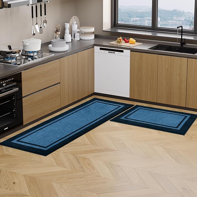 Kitchen Rugs Set (24" x 36"+24" x 60"), Non-Slip Machine Washable Kitchen Runner Rugs Floor Mats, Absorbent Comfort Standing Mats for Kitchen, Laundry and Hallway, Rolled Packaging, Light Blue & Navy