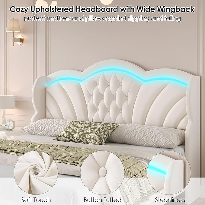 Keyluv Full Bed Frame Arc-Shaped LED Lights and 47.2" Height Wingback Bed, Button Tufted Headboard and Footboard with Storage Drawer, Velvet Upholstered Platform Bed Frame No Box Spring Needed, Beige