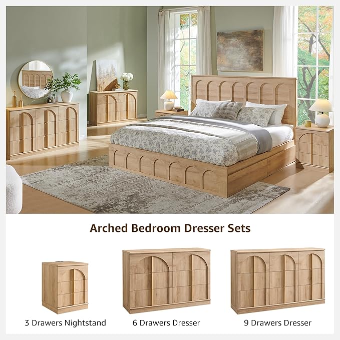 ACCOHOHO Arched Dresser for Bedroom with 6 Drawers, 47.3" Wide Modern Chest of Drawers with Rounded Edge & Metal Handles, Wood Storage Closet Dressers TV Stand for Living Room, Hallway, Natural Oak