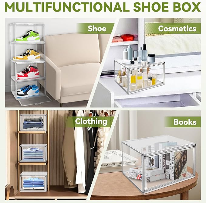 8 Pack Shoe Storage Organizer for Closet, Size 12.5 Sneaker Display Case Clear Stackable Plastic Shoe Boxes with Magnetic Acrylic Door, Fit up to US Size 12.5