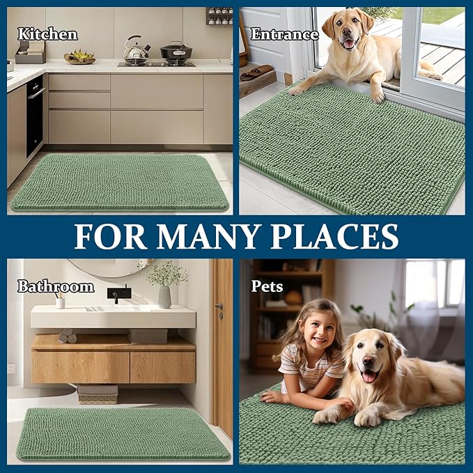 OLANLY Dog Door Mat for Muddy Paws 54x32, Absorbs Moisture and Dirt, Absorbent Non-Slip Washable Doormat, Quick Dry Chenille Mud Mat, Entry Indoor Entryway Carpet for Inside Floor, Olive Green