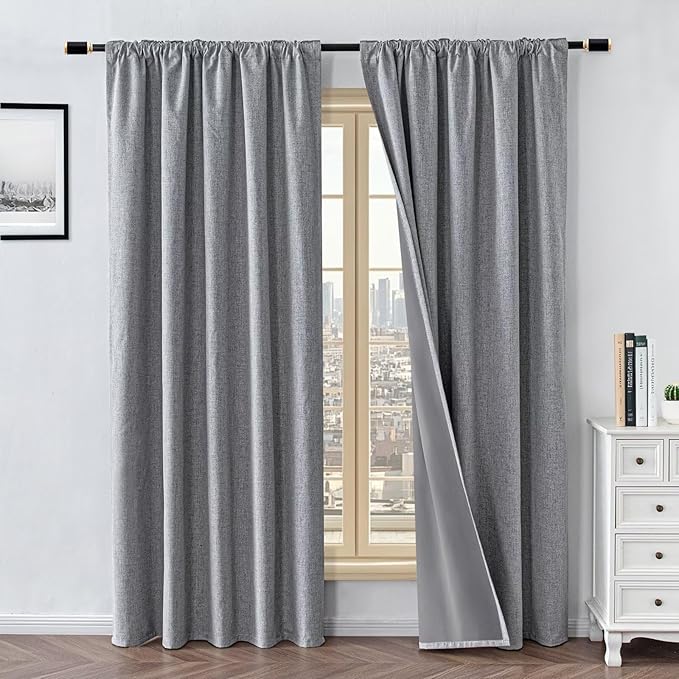 100% Blackout Curtains for Living Room, 96 Inch Curtains 2 Panel Set Light Blocking, Back Tab & Rod Pocket Thermal Insulated Drapes Bedroom Windows Home Decor(52W × 96L inch, Light Grey)