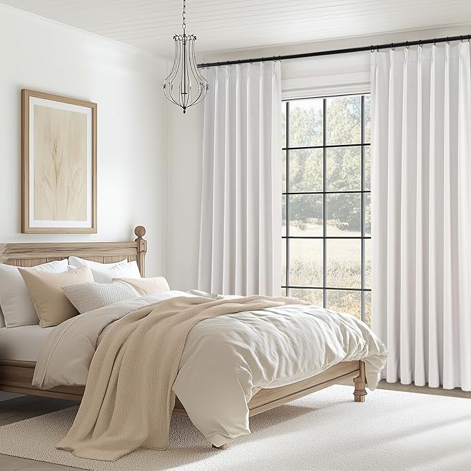 Topfinel Pinch Pleated Curtains 96 Inch Long, 100% Blackout Thermal Insulated Natural Linen Pinch Pleat Viral Drapes with Hooks Rings 2 Panel Sets, Neutral Birch Ivory 8FT Back Tab Window Curtains