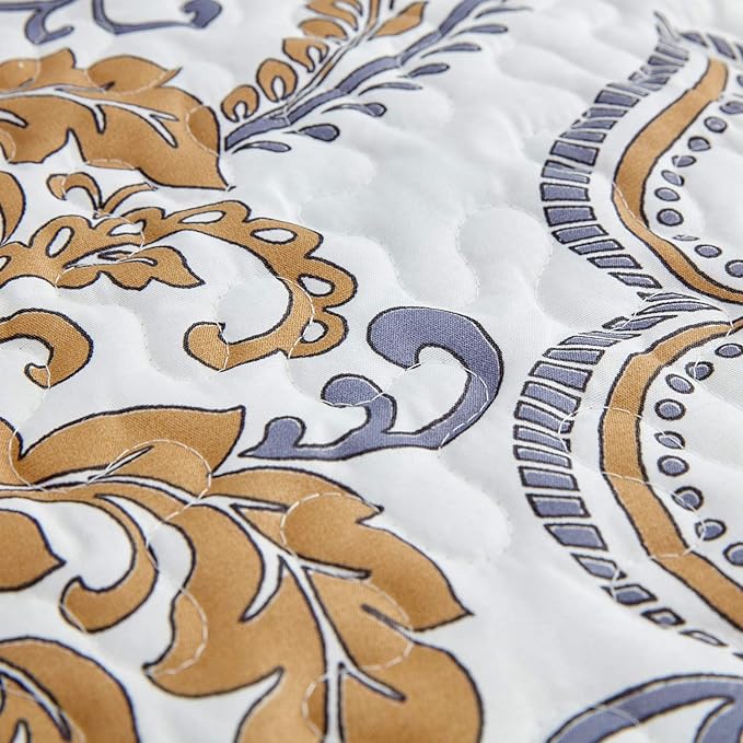CHIXIN Oversized Queen Bedspread - Luxury Collection - European Damask Paisley Pattern - Classic & Gorgeous Bedding Cover, Lightweight, Ultra Soft, 5 Piece, 100% Microfiber, White/Khaki/Grey
