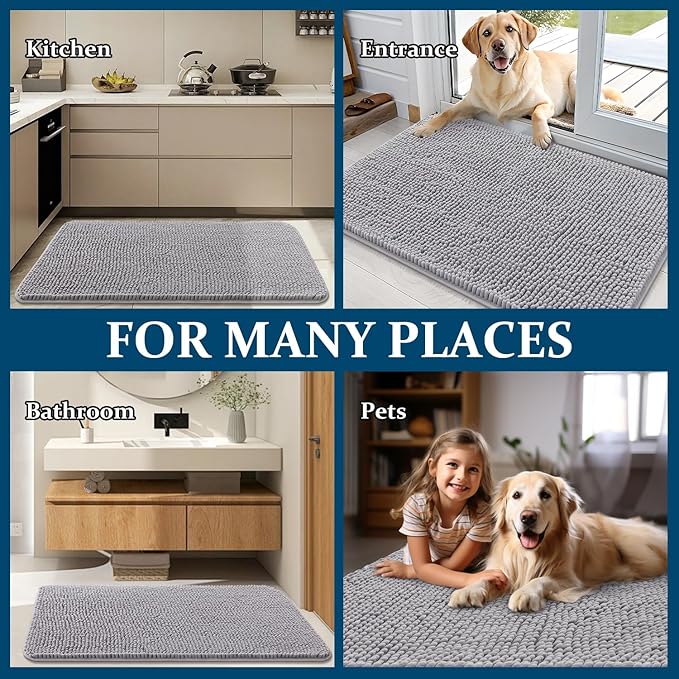 OLANLY Dog Door Mat for Muddy Paws 47x24, Absorbs Moisture and Dirt, Absorbent Non-Slip Washable Doormat, Quick Dry Chenille Mud Mat for Dogs, Entry Indoor Entryway Carpet for Inside Floor, Light Grey