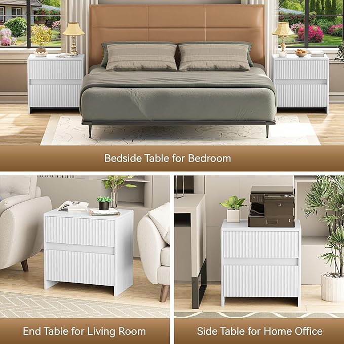 Set of 2 Fluted Nightstand, 23" Wide Bedside Table with 2 Storage Drawers, Modern Night Stand for Bedroom, White