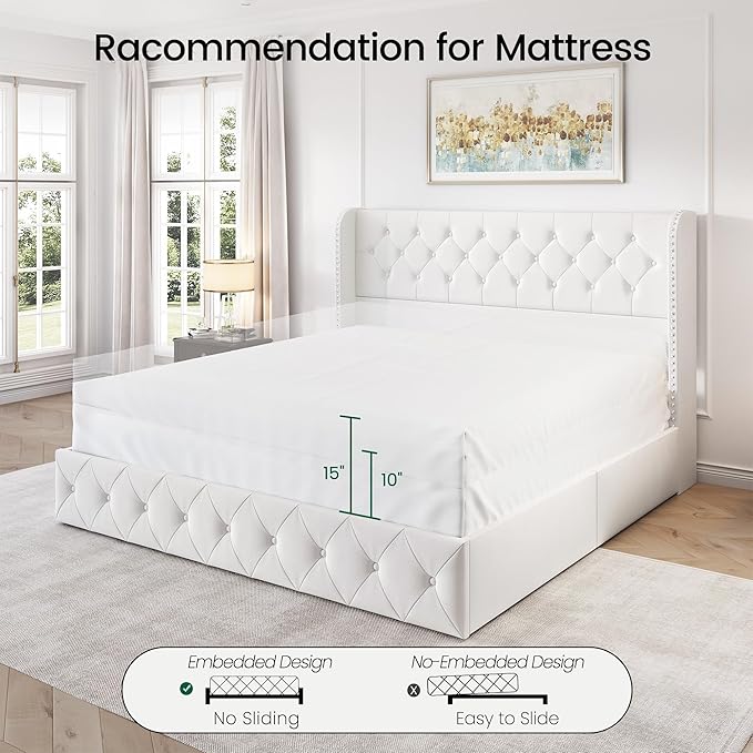 LARMACE King Size Bed Frame with 4 Storage Drawers and Wingback Headboard Velvet Upholstered Platform Bed Frame Tufted Beds with Wooden Slats Support, Easy Assembly, White