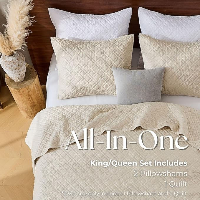 King Quilt Set with Shams Lightweight Quilted Bedspread Coverlet Thin Comforter Bed Cover Vintage Washed Quilted Blanket for All Season, Brushed Microfiber Diamond Stitching, Beige, 104"x92"