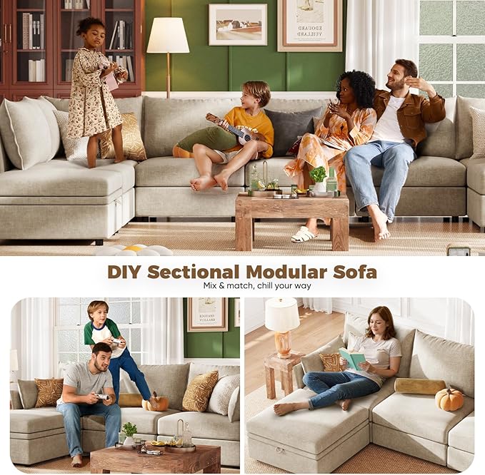 ABCASA 134.6" Oversized Modular Sectional Sofa, 6 Seater U Shaped Couch with Storage Ottoman with Reversible Chaise Deep Seat for Living Room, Apartment - Chenille Beige