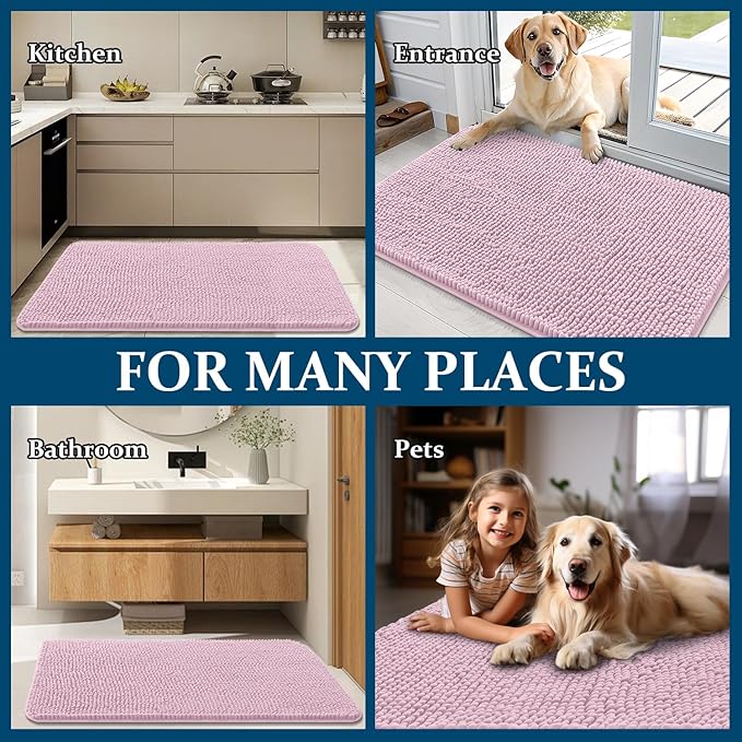 OLANLY Dog Door Mat for Muddy Paws 48x30, Absorbs Moisture and Dirt, Absorbent Non-Slip Washable Doormat, Quick Dry Chenille Mud Mat for Dogs, Entry Indoor Entryway Carpet for Inside Floor, Dusty Rose