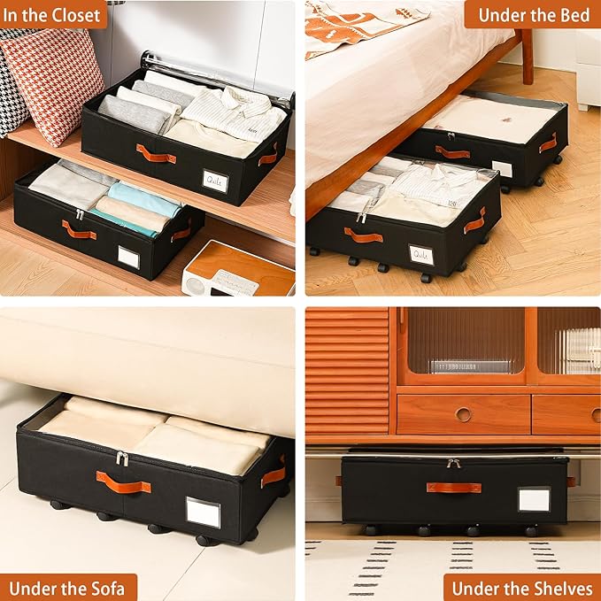 Under Bed Storage Organizer with Wheels, Underbed Container with Clear Lid Cover, Storage Bag Box with Visiable Window for Clothes, Bedsheet, Pillow, 2 Pack,7.5 inches