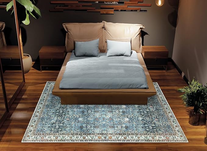 Bloom Rugs Washable Non-Slip 3' x 5' Rug - Blue/Beige Traditional Area Rug for Living Room, Bedroom, Dining Room, and Kitchen - Exact Size: 3' x 5'