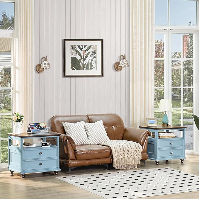 Farmhouse Furniture Set, Nightstands Set of 2 and 7 Drawers Dresser for Bedroom, 54 Inch Wide Wood Dresser and 24" Night Stands with Charging Station for Bedroom, Living Room, Hallway