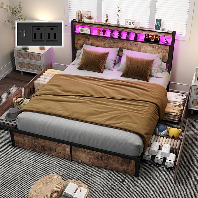 Queen Size Bed Frame with 4 Storage Drawers and Headboard with Charging Station and LED Lights,2 Tier Solid Wood Headboard Storage,Noise Free, No Box Spring Needed/Remote Control/Vintage Brown