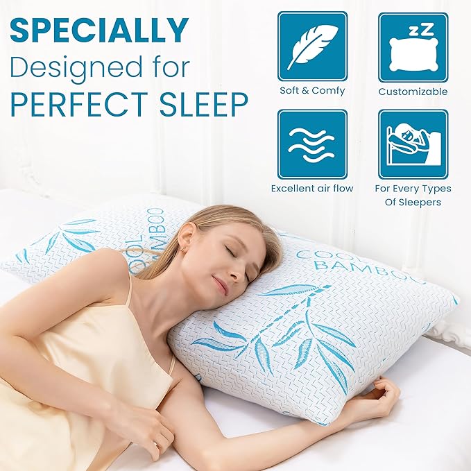 2 Pack Standard Size Rayon Derived from Bamboo Pillow for Sleeping, Cooling Shredded Memory Foam Adjustable Bed Pillow with Hypoallergenic, Removable/Washable Cover