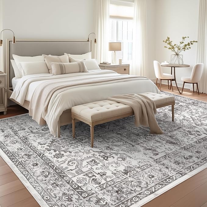 zesthome 5x7 Area Rugs - Ultra-Thin Washble Rug, Stain Resistant Anti Slip Backing Rugs for Living Room,Bedroom, Vintage Home Decor Area Rug (Grey/White,5'x7')