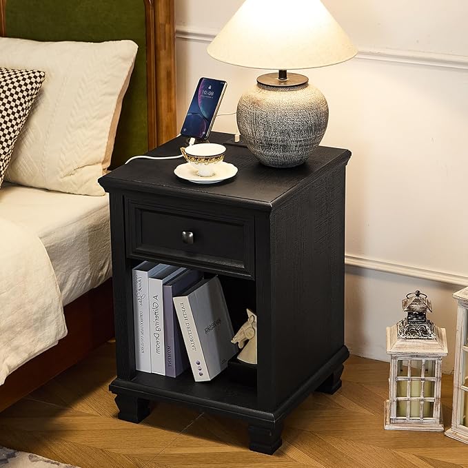 SAVOR LIFE Farmhouse End Tables Living Room Set of 2, Rustic Wood Nightstand with 1 Drawer, Bedside Table with Open Shelf for Bed Room, Side Table for Living Room, Black