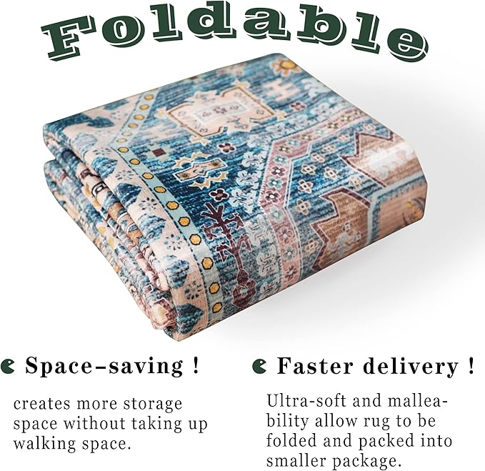 vivorug Blue Runner Rug 2'x8' Vintage Washable Non-Slip Runners for Hallways Kitchen Entryway Laundry Room Carpet Hallway Runner