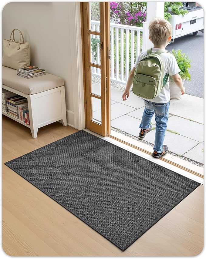 Color&Geometry Ultra-Thin Indoor Door Mat, 24"x36" Low-Profile Non-Slip Entryway Rug with Modern Geometric Texture, Washable Doormat for Indoor Entrance, Front Door, Grey (Rolled-up NO Creases)