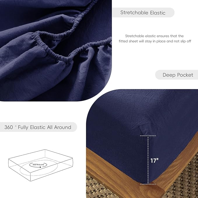 MooMee Fitted Bottom Sheet Only 100% Washed Cotton Linen Like Textured Breathable Durable Soft Comfy Deep Pocket Fits Mattress up to 17" (Dark Blue, Twin)