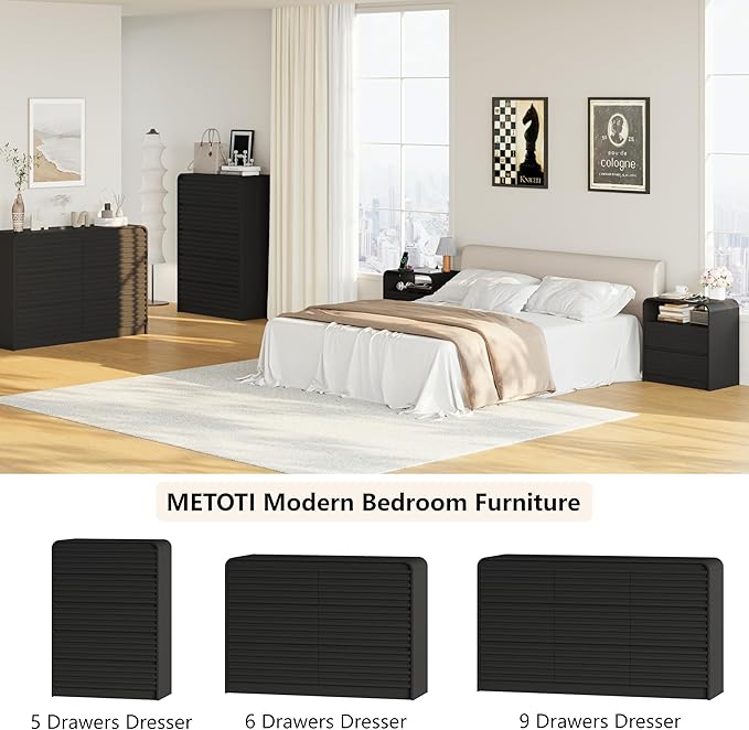 24" Wide Modern Fluted Nightstand with Charging Station, Wood Bedside Table with 2 Storage Drawers, Mid Century End Table Nigthstand with Curved Profile for Bedroom, Living Room, Black