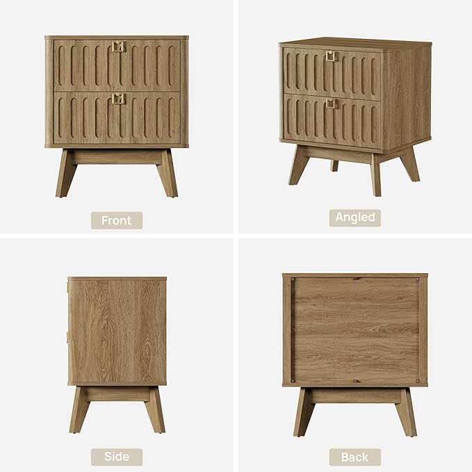 SICOTAS Modern Fluted Nightstand with 2 Drawers, 21" Wide Wood Bedside Table with Gold Handle, Mid-Century End Table for Bedroom, Apartment