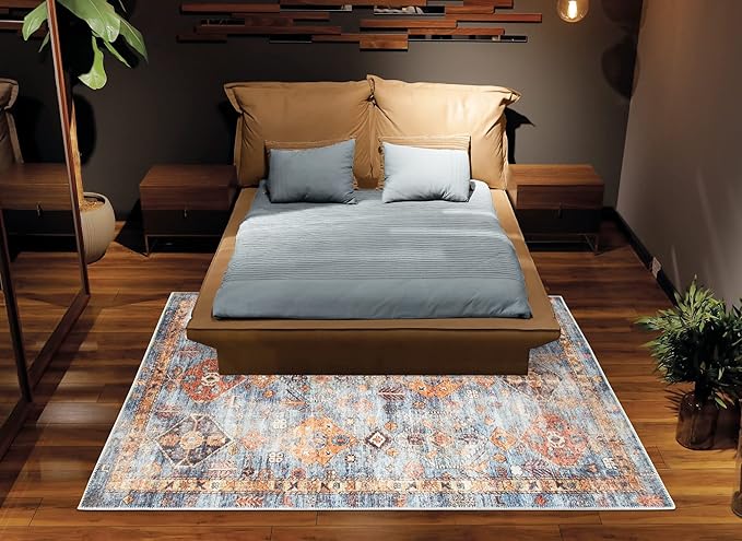 Bloom Rugs Washable Non-Slip 2' x 3' Rug - Blue/Orange Traditional Bordered Area Rug for Living Room, Bedroom, Dining Room, and Kitchen - Exact Size: 2' x 3'