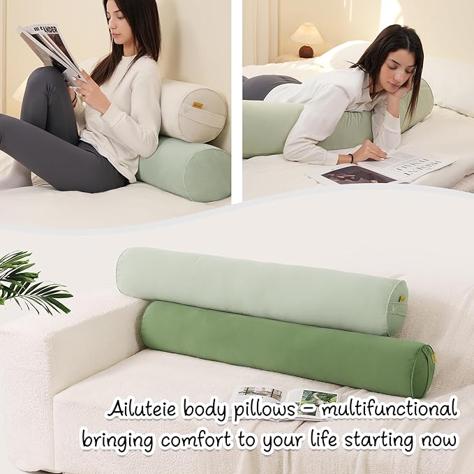 Bolster Pillow for Bed – Long Round Body Pillow for Adults, Cuddle Pillow for Sleeping, Full-Length Support,59 x 7.87 Inches,Celadon Green