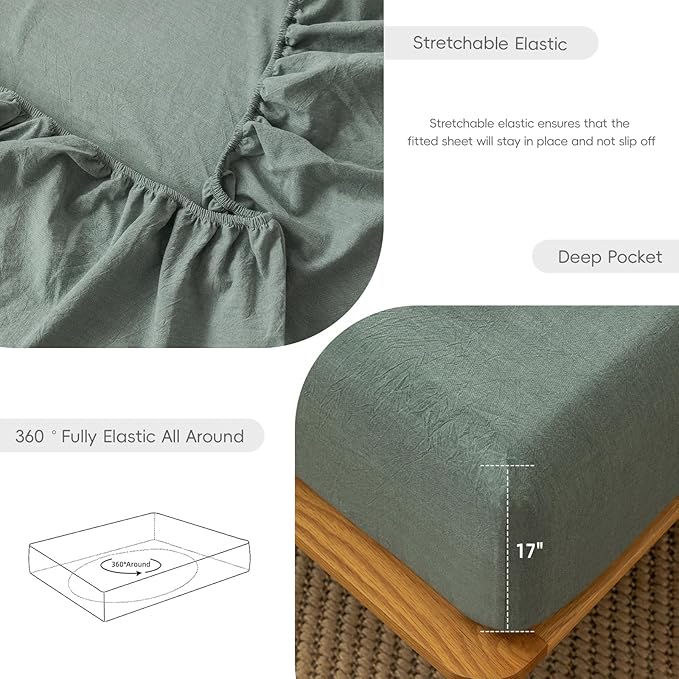 MooMee Fitted Bottom Sheet Only 100% Washed Cotton Linen Like Textured Breathable Durable Soft Comfy Deep Pocket Fits Mattress up to 17" (Heathered Green, King)