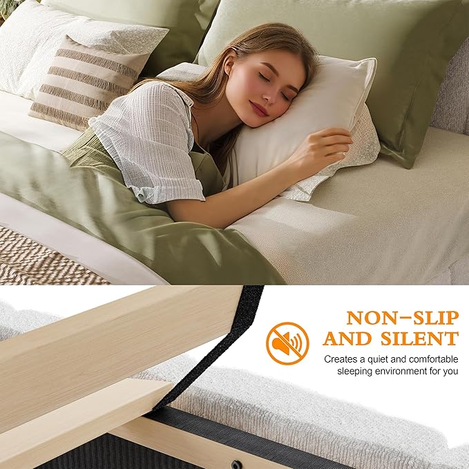 Queen Size Boucle Bed Frame Upholstered Bed Frame Queen with Adjustable Headboard, Solid Wood Slats Support, Bed for Bedroom Apartment, Dorm, No Box Spring Needed, Easy Assembly, Noise-Free, Cream