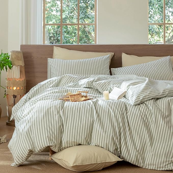 MooMee Striped Duvet Cover Set 100% Washed Cotton Linen Like Textured Breathable Durable Soft Comfy (Sage Green White Classic Stripes, Oversized Queen 98"x98")